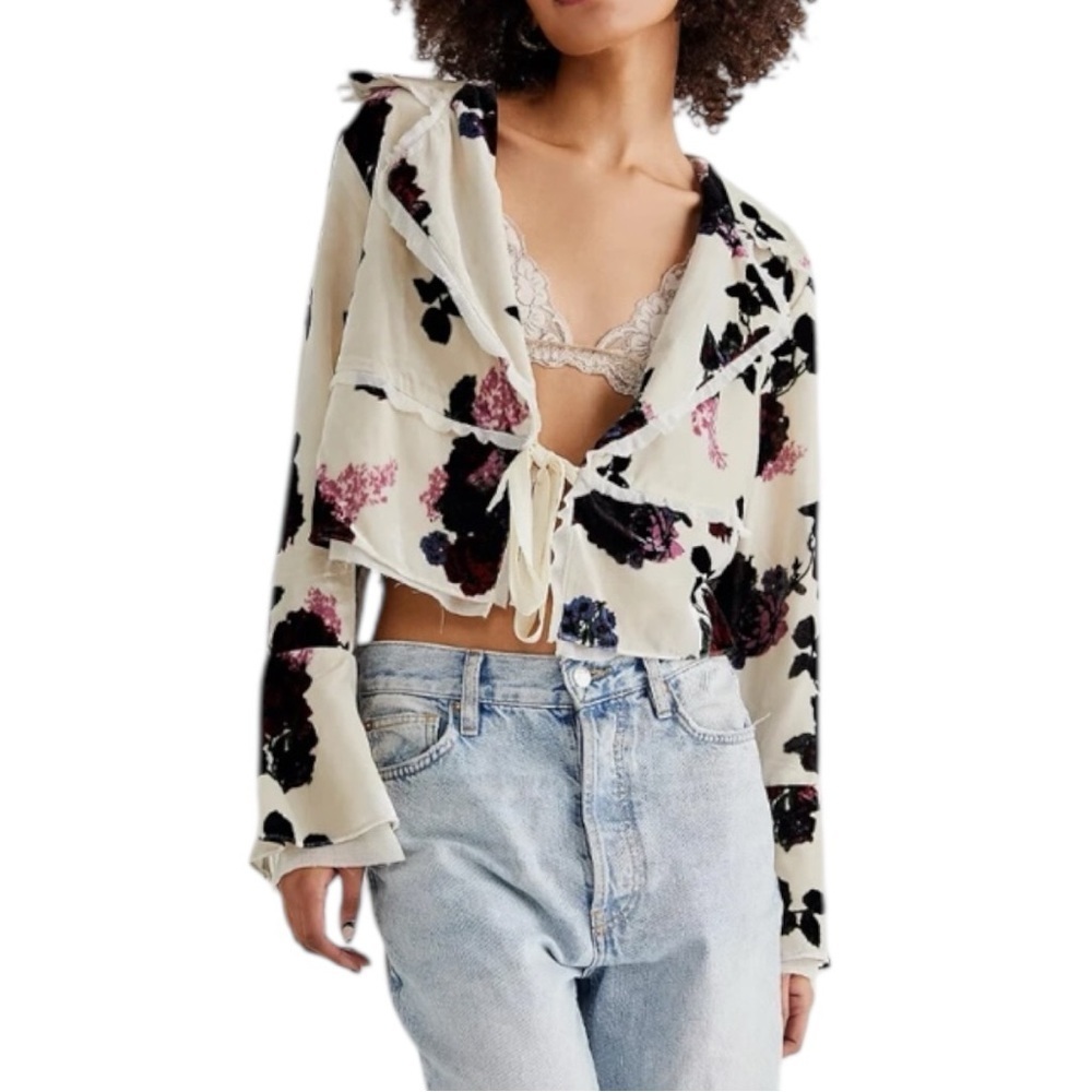 Free People Nicki Vintage Cream and Black Velvet Blazer Floral Design Size XS